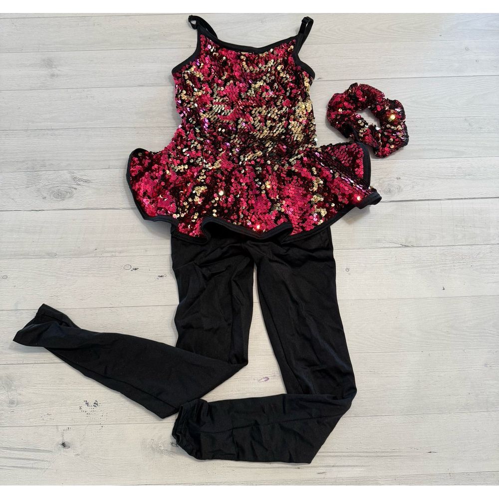 Weismann dance costume leotard‎ pink gold black with scrunchie child small